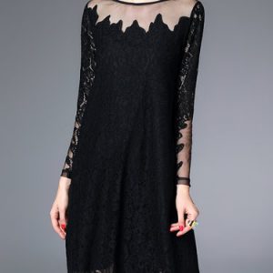 Lace Elegant Long Sleeve Crocheted Crew Neck Midi Dress