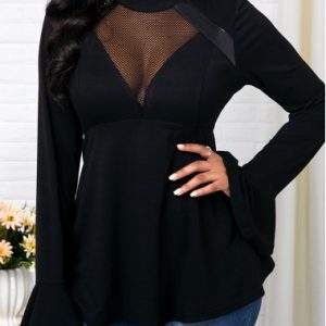 Lace Panel Flare Sleeve Black T Shirt - M