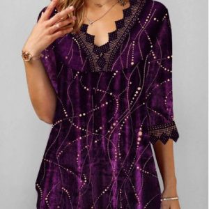 Lace Panel Hot Stamping Deep Purple T Shirt - XXL