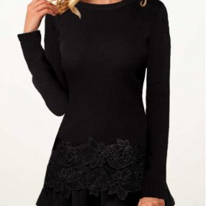 Lace Panel Long Sleeve Ruffle Hem T Shirt - L