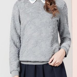 Lace Paneled Casual Crew Neck Long Sleeved Top