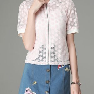 Lace Sweet Cutout Short Sleeve Stand Collar Short Sleeved Top