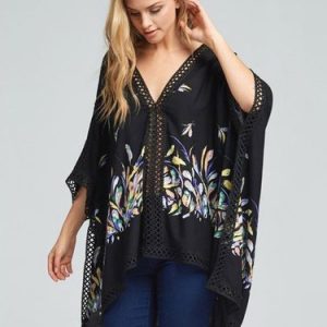 Lace Trim Graphic Printed Casual Shift Batwing Kimono