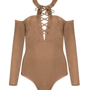 Lace Up Bodycon Sexy Cold Shoulder Bodysuit