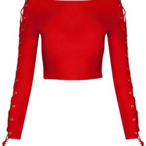 Lace Up Sexy Crew Neck Long Sleeve Cropped Top