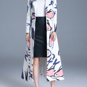 Lapel Abstract Print Long Sleeve A-line Longline Coat