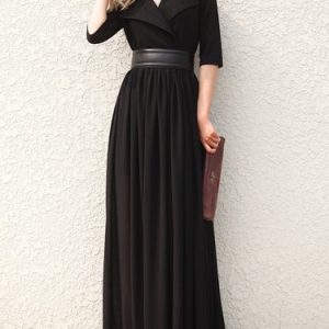 Lapel Cotton-blend Sheath Elegant Half Sleeve Maxi Dress