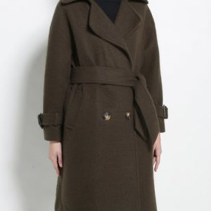 Lapel Solid Elegant Pockets Long Sleeve Coat with Belt