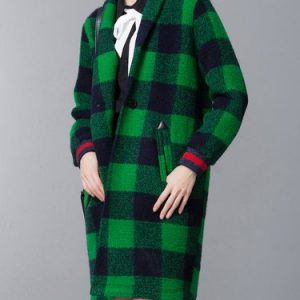 Lapel Wool-blend Plaid H-line Long Sleeve Coat