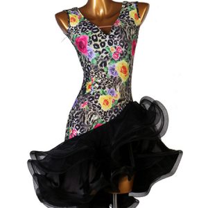 Latin Dance Costume Leopard Floral Print Ruffle Dress Dancing Wear