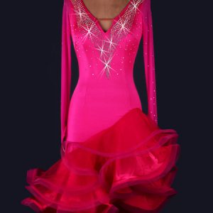 Latin Dance Costume Organza Rose Red Long Sleeve Rhinestones Low Back Irregular Ruffles Hem Latin Dance Dress