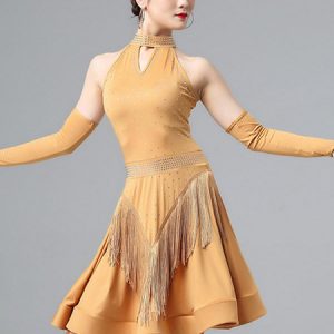 Latin Dance Costume Rhinestone Fringe Bead Lycra Spandex Dress Dancing Wear