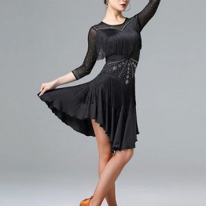 Latin Dance Costume Rhinestone Fringe Ruffle Dress Dancing Costume