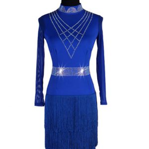 Latin Dance Costume Royal Blue Bead Fring Long Sleeve Dress Women Dancing Costume