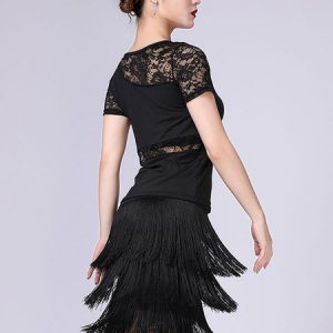 Latin Dance Costume Women Lace Tassels Short Sleeve Dancing Dresses Halloween