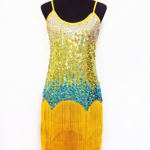 Latin Dance Costume Yellow Women Tassels Ombre Sequin Dresses