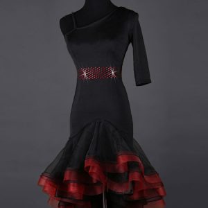 Latin Dance Costumes Black Organza Beaded Ruffle Dress Women's Dance Costumes