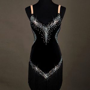 Latin Dance Costumes Black Strappy Sleeveless Rhinestones Beaded Latin Ballroom Dresses