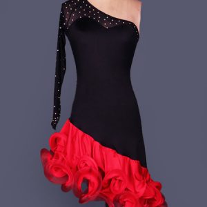 Latin Dance Dress Organza One Shoulder Long Sleeve Rhinestone Two Tone Ruffles Bodycon Latin Dance Costume