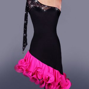 Latin Dance Dress Organza One Shoulder Long Sleeve Rhinestone Two Tone Ruffles Bodycon Latin Dance Costume