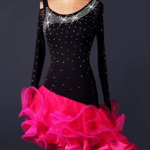 Latin Dance Dress Velour Long Sleeve Irregular Design Rhinestones Backless Two Tone Ruffles Latin Dance Costume