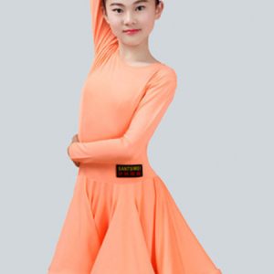 Latin Dance Dresses Costume Kids Orange Long Sleeve Short Ballroom Dance Dress