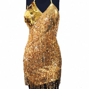 Latin Dance Dresses Golden Women Fringe Sequins Dancing Costume Halloween