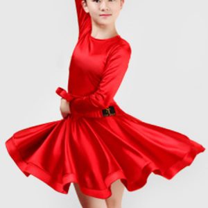 Latin Dance Dresses Kids Costume Satin Long Sleeve Round Neck Ballroom Dance Dresses For Girls