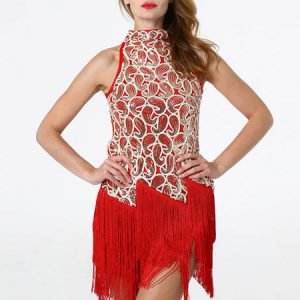 Latin Dance Dresses Red Polyester Dress Patterned Fringe Sequins High Collar Dancing Costume Halloween