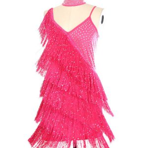 Latin Dance Dresses Red Studded Fringe Dancing Costume With Gloves Choker Halloween