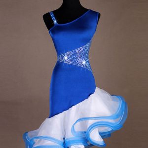 Latin Dance Dresses Royal Blue Women Organza Dress Studded Ruffle Latin Dancer Dancing Costume Halloween