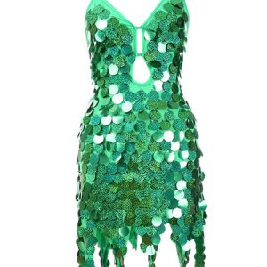 Latin Dance Dresses Silver Sequins Backless Polyester Dress Irregular Design Dancing Costume Halloween