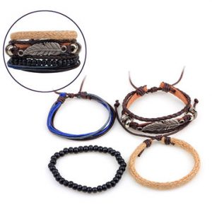 Leaf Men Bracelet Pure Handmade Calfskin Hemp Rope Multi-root Combination Bracelet