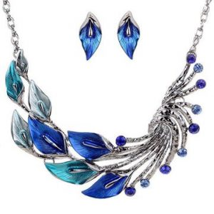 Leaf Peacock Crystal Drop Earrings Necklace Set