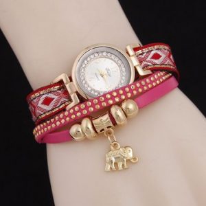 Leather Rivets Elephant Pendant Watch