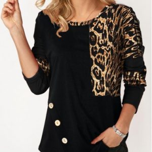 Leopard Print Button Embellished Long Sleeve T Shirt - XXL