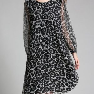 Leopard Print Long Sleeve Crew Neck A-line Midi Dress