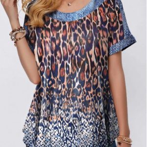 Leopard Print Short Sleeve Round Neck Blouse - L