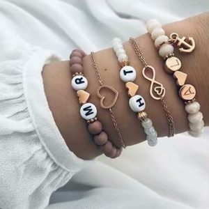 Letter Design Beads Embellished Bracelet Set - One Size