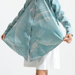 Light Blue Abstract Shirt Collar Silk Statement Blouse