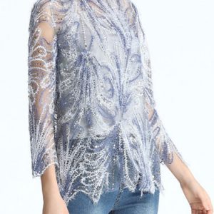 Light Blue Asymmetrical Mesh Sequins Casual Blouse with Camis