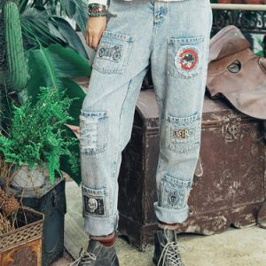 Light Blue Boho Cotton Ripped Tribal Pockets Jeans