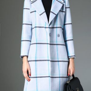 Light Blue Buttoned Long Sleeve Checkered/Plaid Lapel Coat