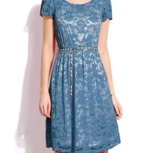 Light Blue Crocheted Crew Neck Floral Lace Midi Dress