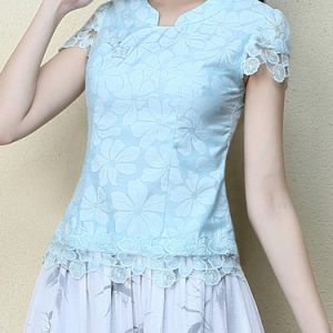 Light Blue Elegant V Neck Short Sleeved Top