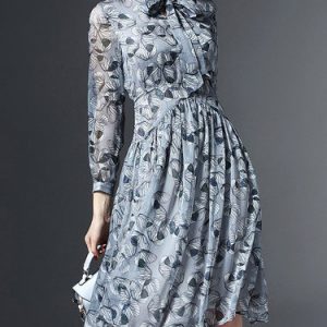 Light Blue Floral 3/4 Sleeve Chiffon V Neck Midi Dress