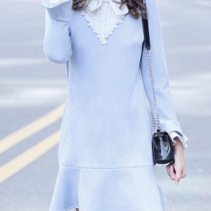 Light Blue Frill Sleeve Flounce Solid Bow Mini Dress