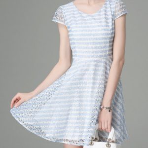 Light Blue Girly Jacquard Stripes A-line Mini Dress