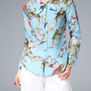 Light Blue Graphic Printed Silk Long Sleeve Blouse