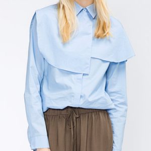 Light Blue H-line Cotton Long Sleeve Shirt Collar Blouse